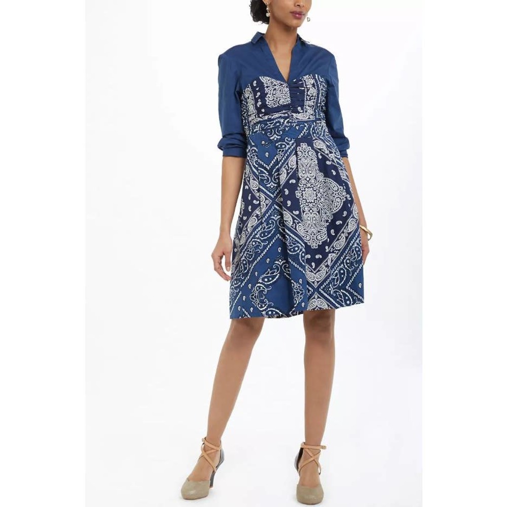 Anthropologie Navy & White Bandana-Print Long-Sleeve Shirt Dress